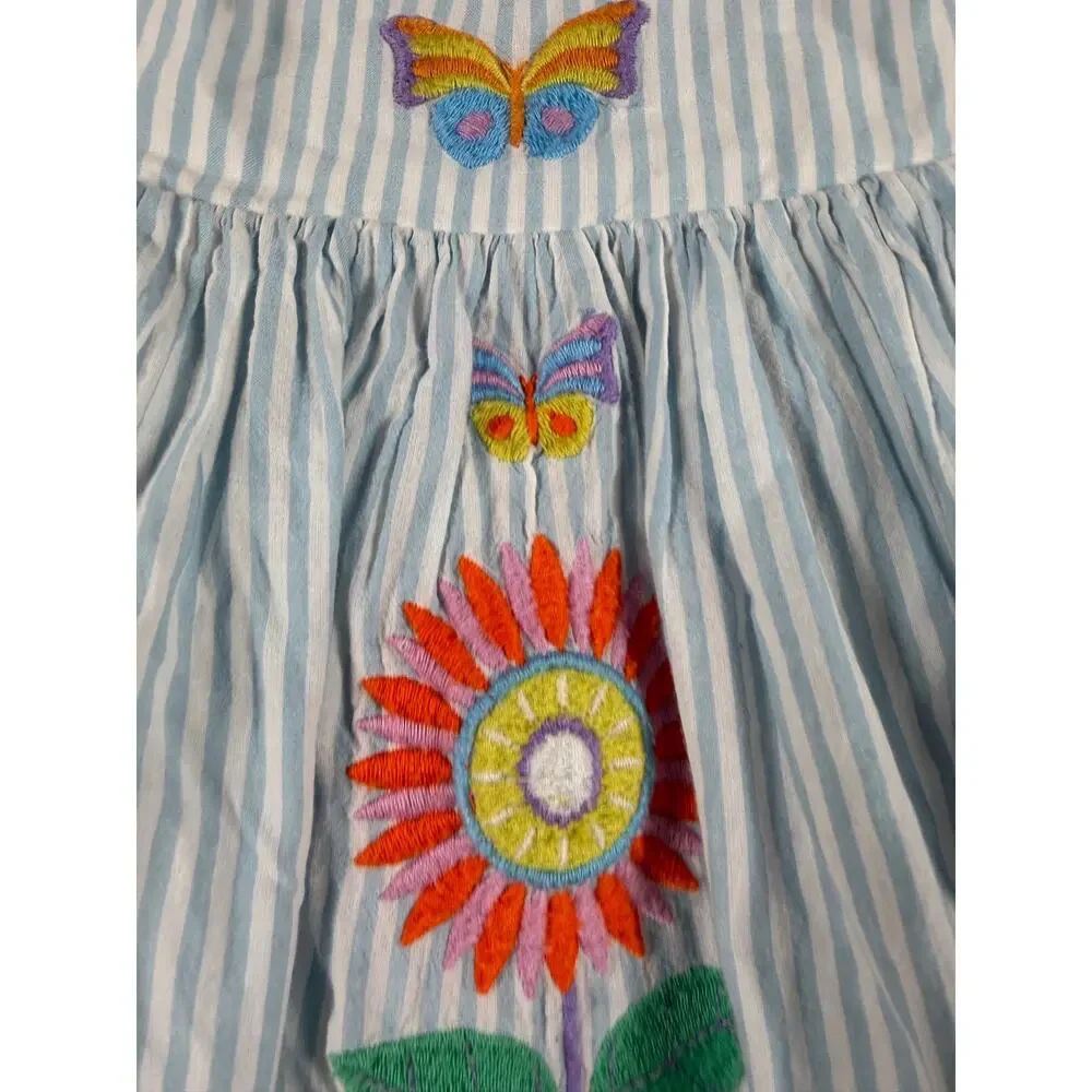 Mini Boden Embroidered Cross-Back Dress Blue Stripe Butterfly Floral 6-7 Years